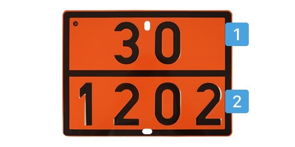Eine orangefarbene Gefahrguttafel mit den Nummern 30 (1) für entzündbare Flüssigkeit und 1202 (2) für Dieselkraftstoff/Heizöl.
