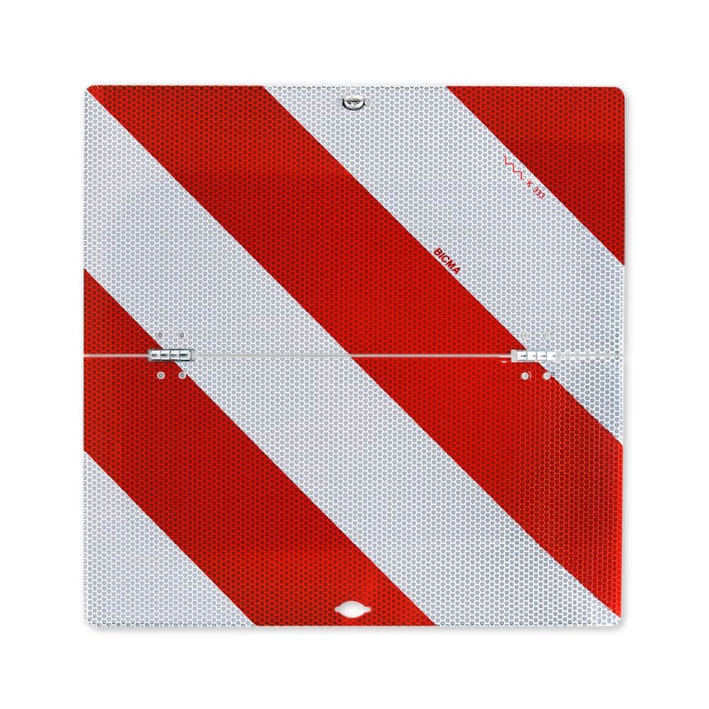 Klappbare Warntafel mit roten u. weißen Streifen, Wabenstruktur, frontal fotografiert, rechtsweisend