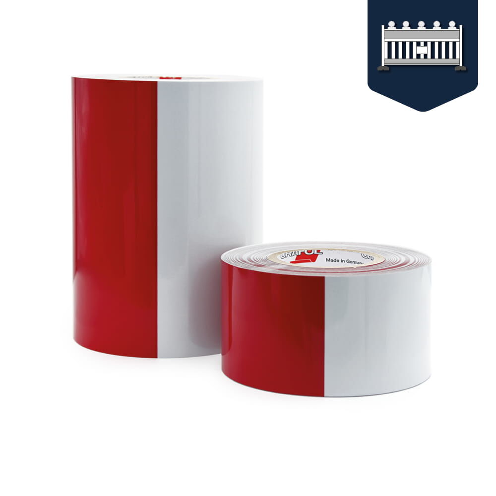 Zwei Rollen Orafol Reflexfolie 5431, rot-weiß, 250 mm + 100 mm breit für Schranken