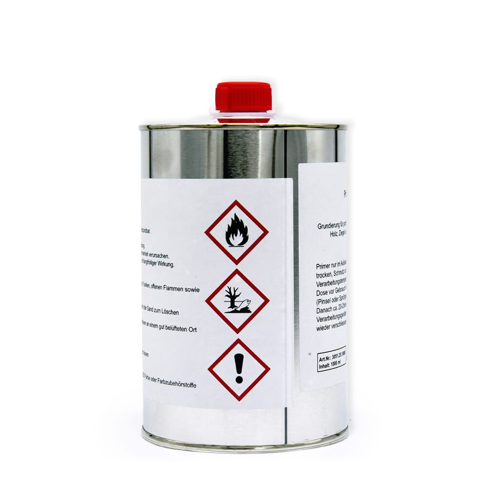 Seitliche Ansicht Primer Nr. 5-Kanister: Gefahrensymbole Flamme, Umwelt, Ausrufezeichen, 1 l