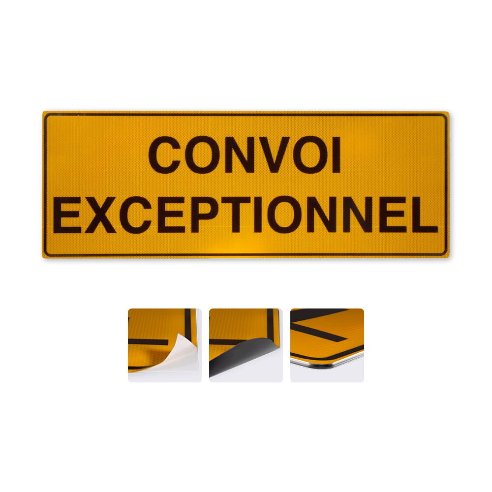 Rechteckiges Schild „Convoi Exceptionnel“ mit Detailansichten der Variantenoptionen