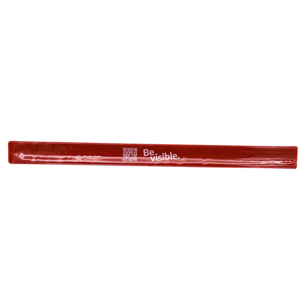Rotes reflektierendes Schnapparmband „Be visible.“ und QR Code, 30 cm lang