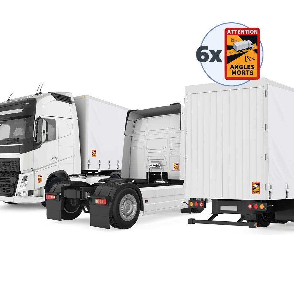 Anbringung von 6 „Angles Morts“-Schildern an Sattelzug mit Beispielplatzierungen