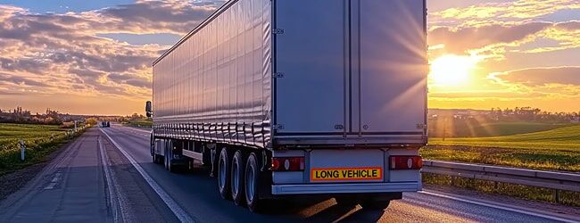 Das Bild zeigt einen weißen LKW mit "LONG VEHICLE"-Kennzeichnung auf einer Landstraße bei Sonnenuntergang.