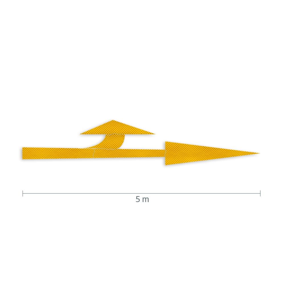 Maßgrafik des Pfeils: Länge 5 m, Verkehrsklasse P7 in gelb