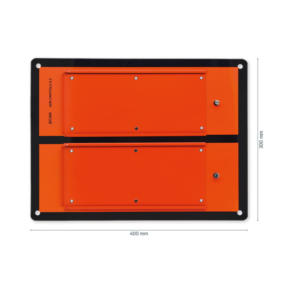 Orange ADR-Tafel,400×300 mm, auf schwarzer Platte mit Maßeinblendung.