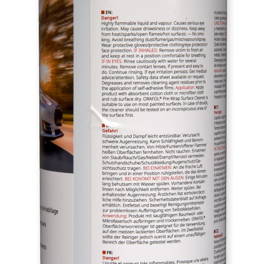 Flasche ORAFOL Pre-Wrap Surface Cleaner, Detailansicht Sicherheitshinweise Englisch/Deutsch