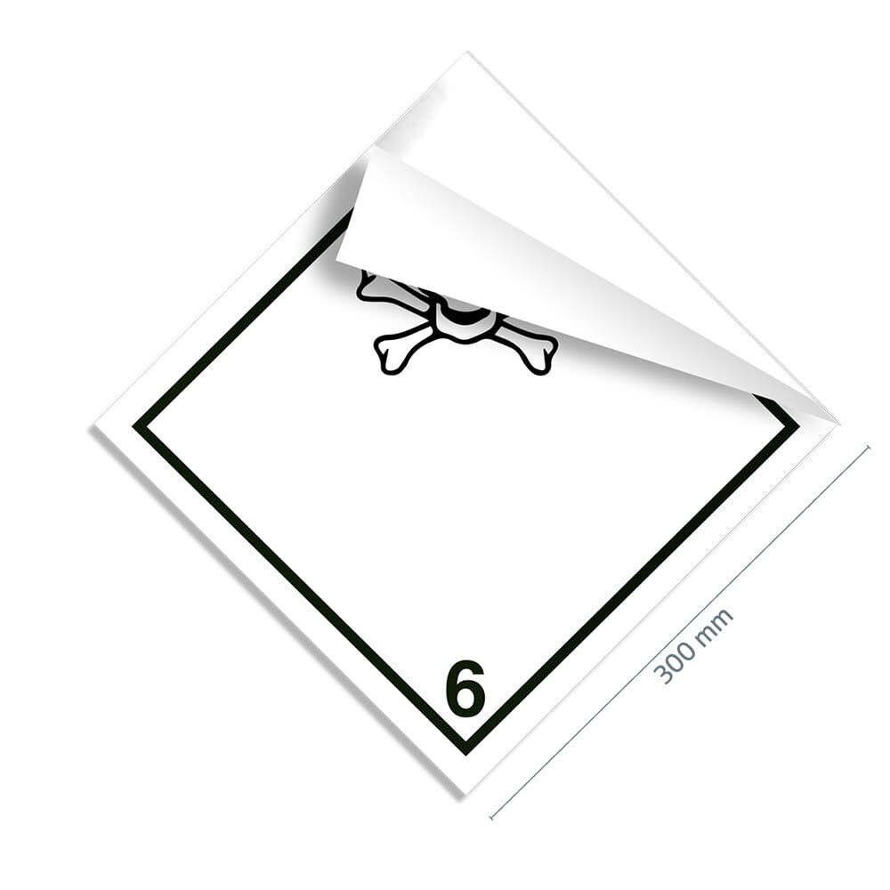 Gefahrgutzettel Klasse 6.1, 300×300 mm, Ecke gelöst zeigt flexible Klebefolie