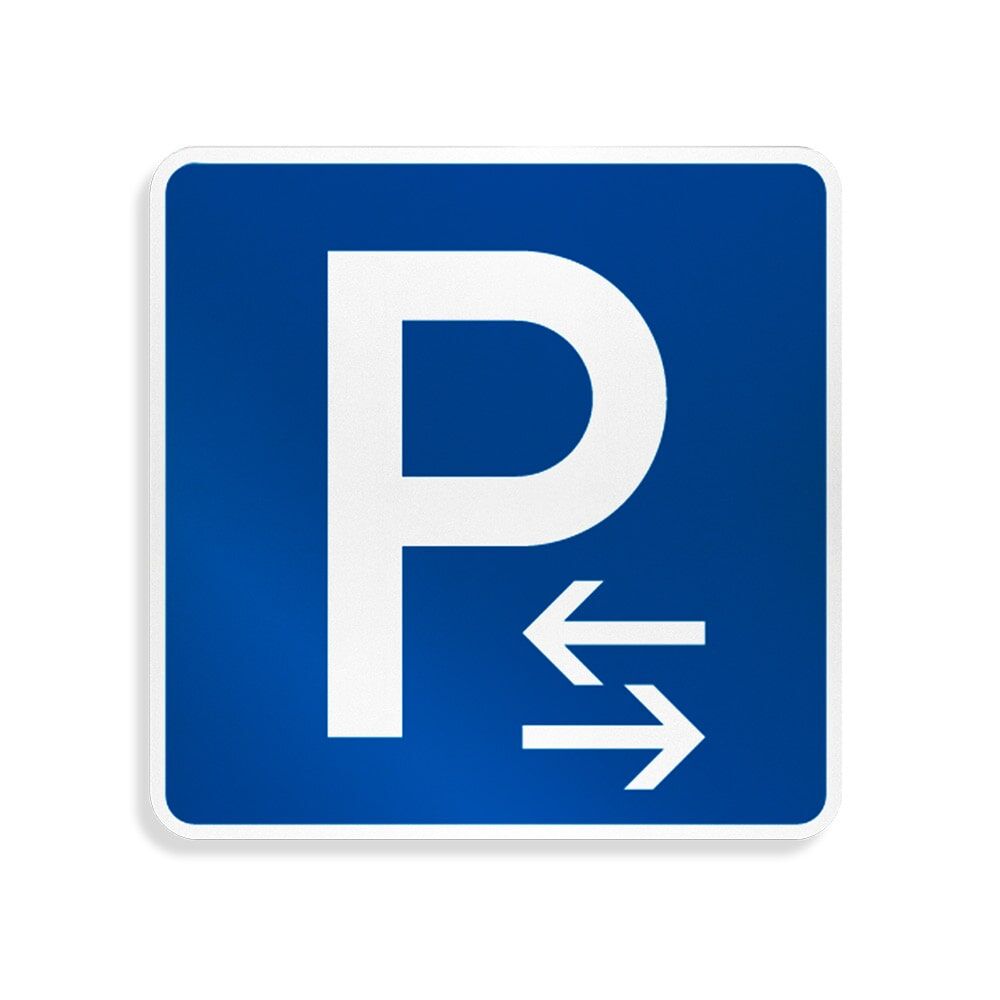 Verkehrszeichen Parkplatz „P“ mit Pfeilen links/rechts, blau-weiß
