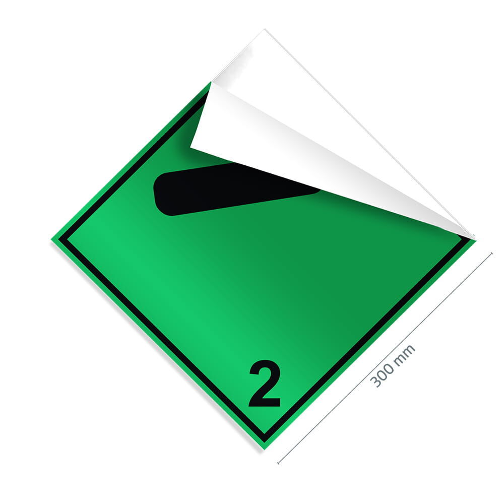 Gefahrgutzettel Klasse 2.2, 300×300 mm, Ecke gelöst zeigt flexible Klebefolie