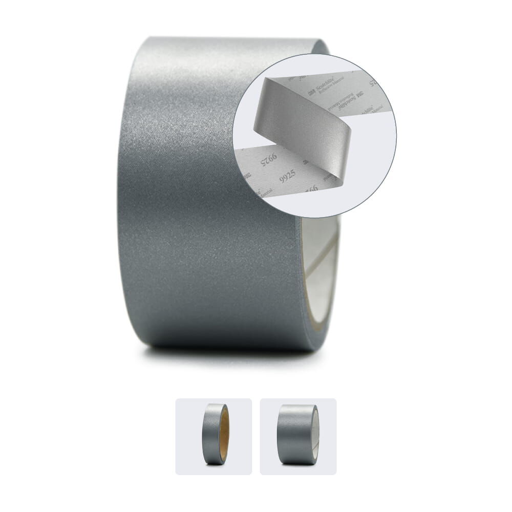 Rolle 3M Scotchlite 9925, silber, Detail-Zoom auf Textilband. Erhältlich in zwei Breiten.