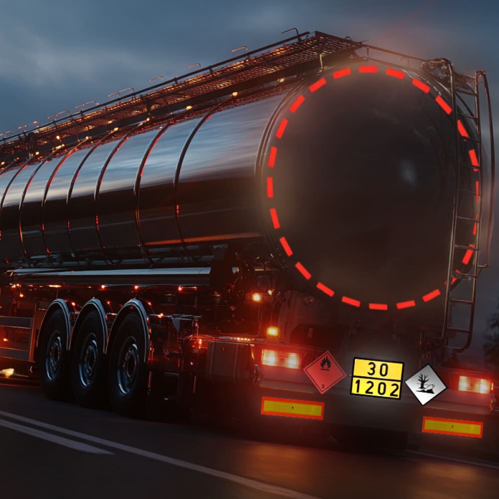 Tanklastzug bei Dämmerung mit leuchtender ADR-Tafel 30/1202 und Gefahrzetteln am Heckfahrzeug