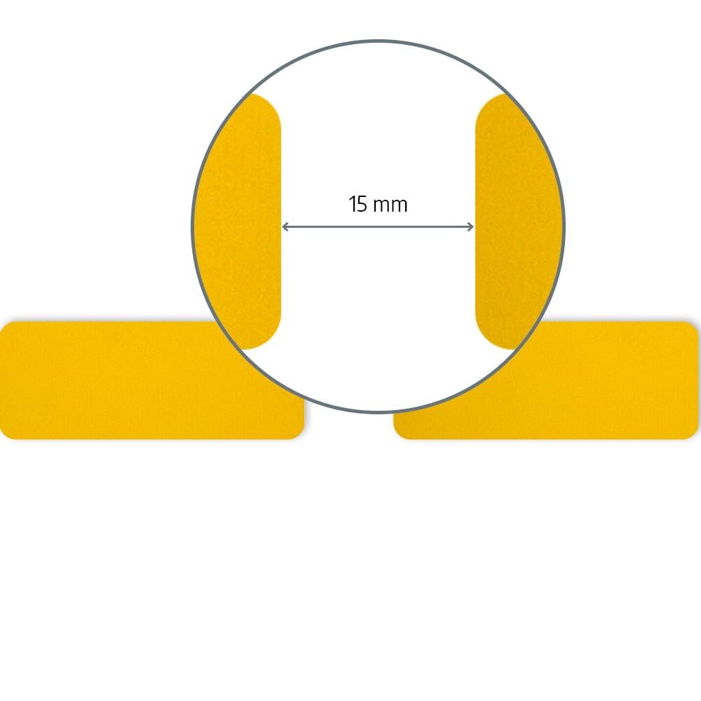 Abwicklung der gelben Konturmarkierungs-Gaps auf weißer Trägerfolie, gleichmäßiger Abstand 15mm