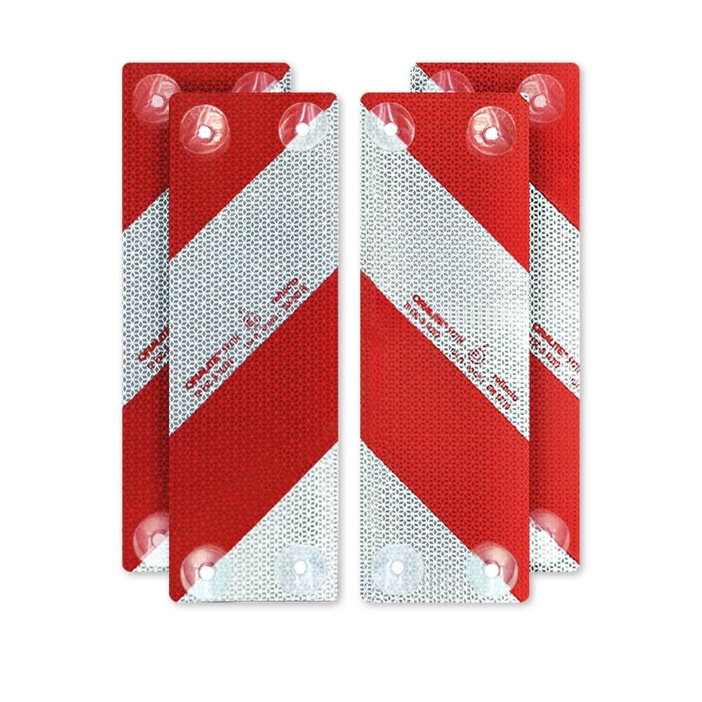 Vier Reflecto 5921M Warnmarkierungselemente mit rot-weißer RA2-Folie und Saugnapfbefestigung