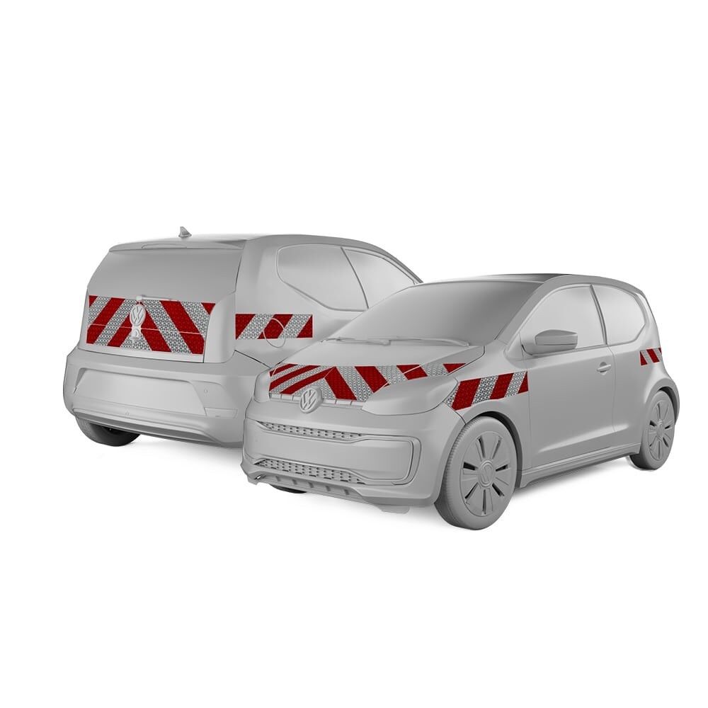 VW UP 3-Türer in Front- und Heckansicht mit Komplettwarnmarkierungssatz, Baujahr 2016