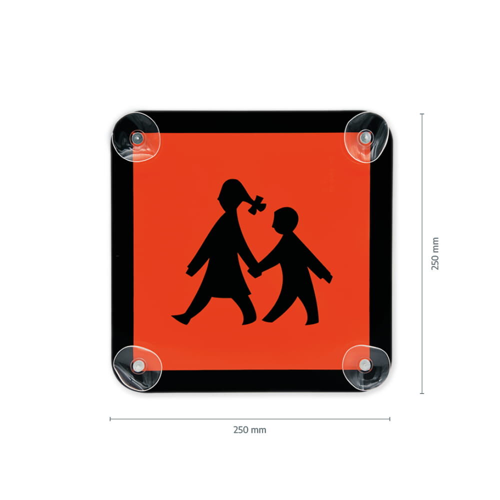 Schulbusschild 250 × 250 mm mit Saugnäpfen, orange Fläche mit Schulkinder-Symbol