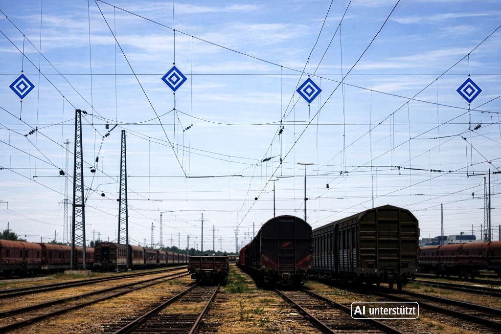 Vier angebrachte EL6 Signal Schilder aufgehängt über Gleisbetten. AI modified.