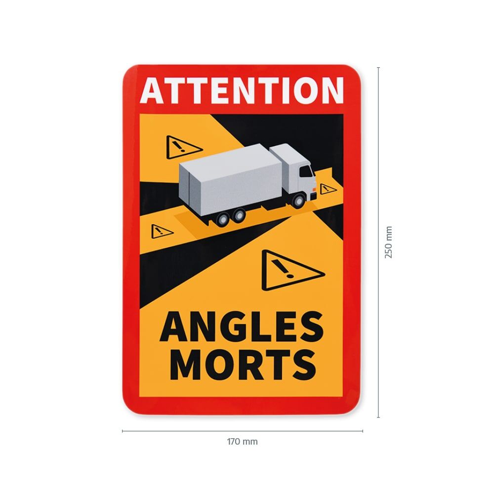 Maße des Schilds: 170 x 250 mm, Motiv: Bus mit Warnsymbolen, Text „Angles Morts“