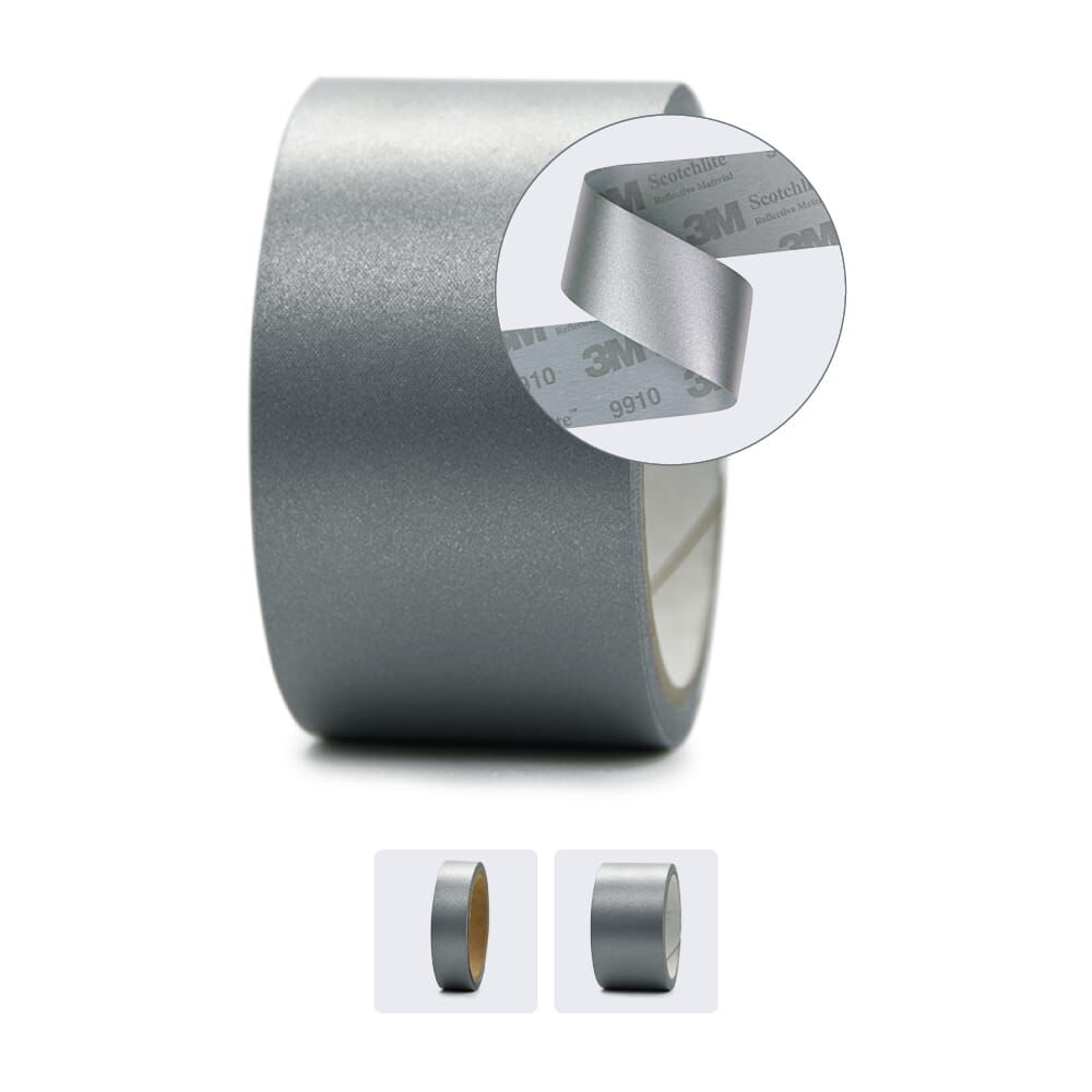 Rolle 3M Scotchlite 9910, silber, Detail-Zoom auf Textilband. Erhältlich in zwei Breiten.