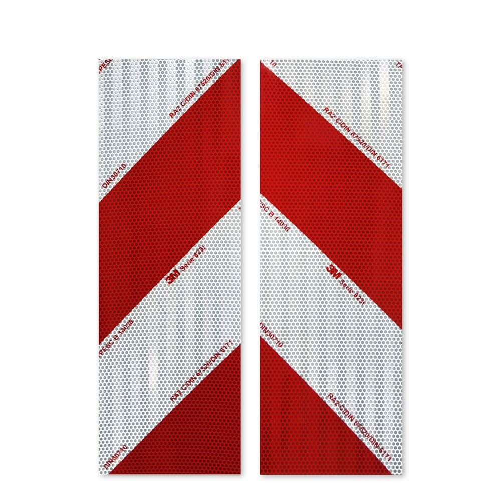 Zwei 3M 823i Zuschnittei, diagonal geteilt rot-weiß, Vorderseite.