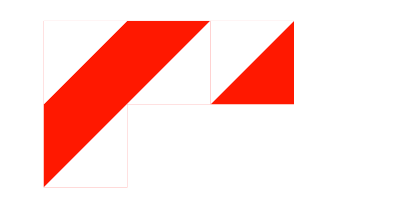 Kombinationsfäche aus Rechteck oben (länge von 3 Quadraten) und Quadrat unten links dreimal diagonal geteilt mit abwechselnd roten und weißen Flächen, beginnend mit einem weißen Dreieck oben links.
