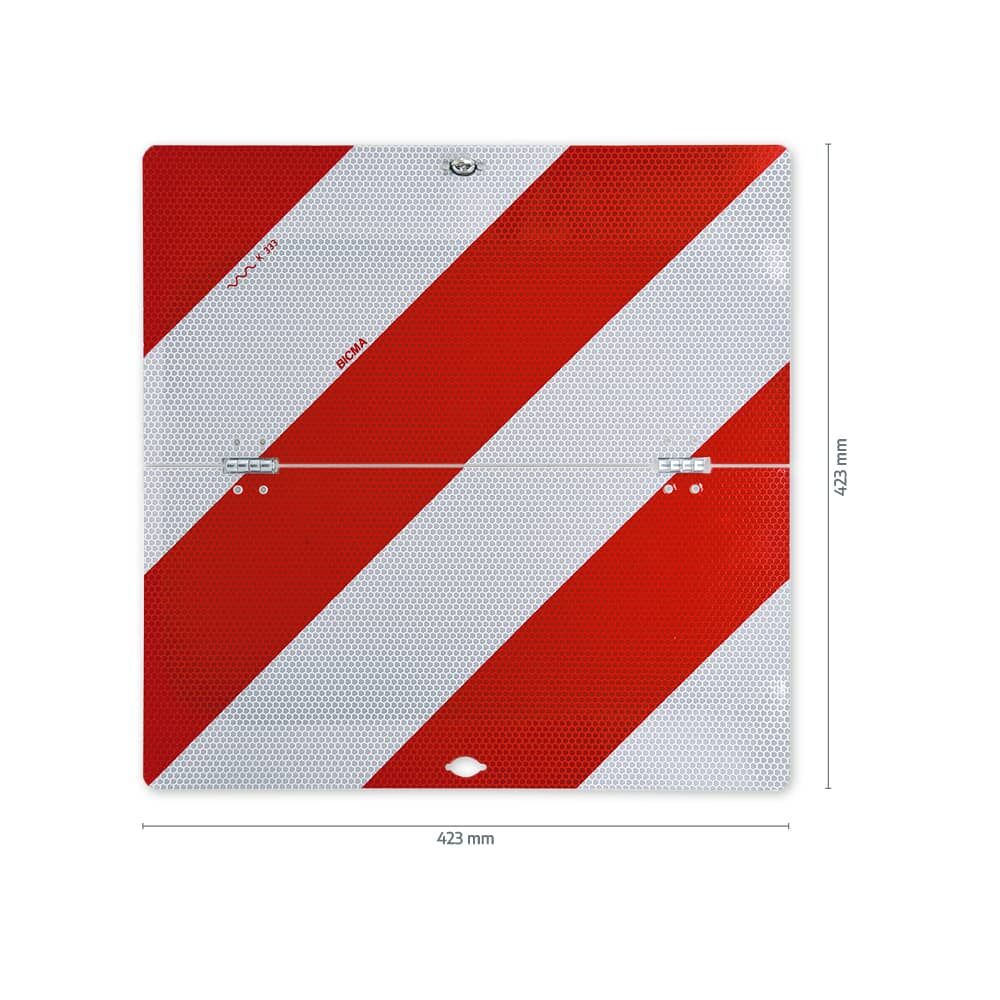 Klappbare Parkwarntafel mit Maßen 423×423 mm, rote Reflexstreifen auf weißem Grund, linksweisend