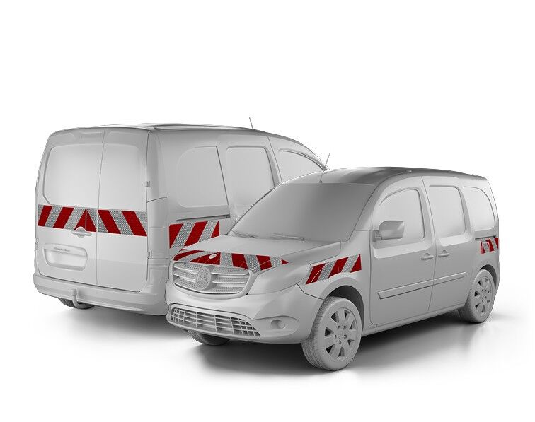 Mercedes Citan W 415 in Front- und Heckansicht mit Komplettwarnmarkierungssatz, Baujahr 2015