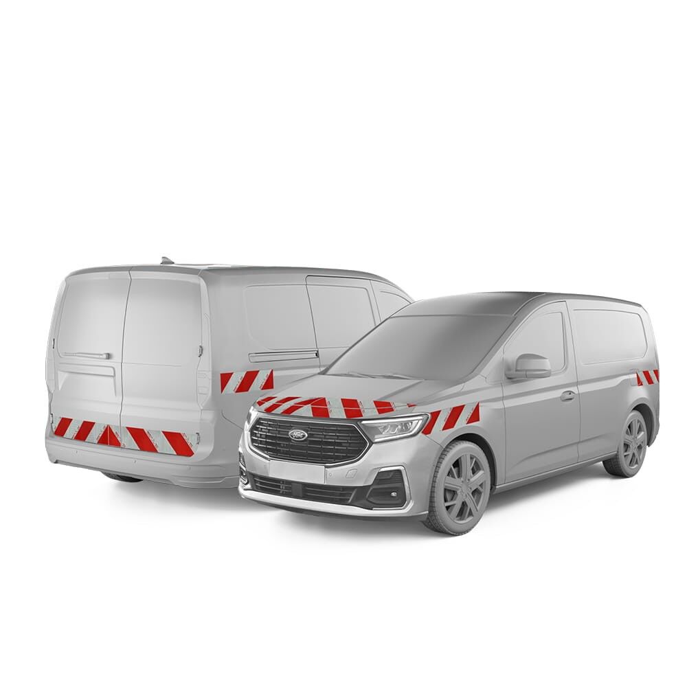 Ford Transit Connect L1/L2 in Front- und Heckansicht mit Komplettwarnmarkierungssatz, Baujahr 2024