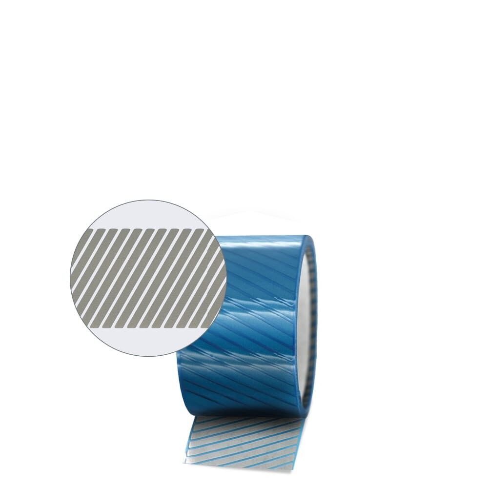 Frontale Ansicht der 5m 3M Scotchlite 5510 Rolle, silber mit blauem Liner. Detailzoom mit Segmenten