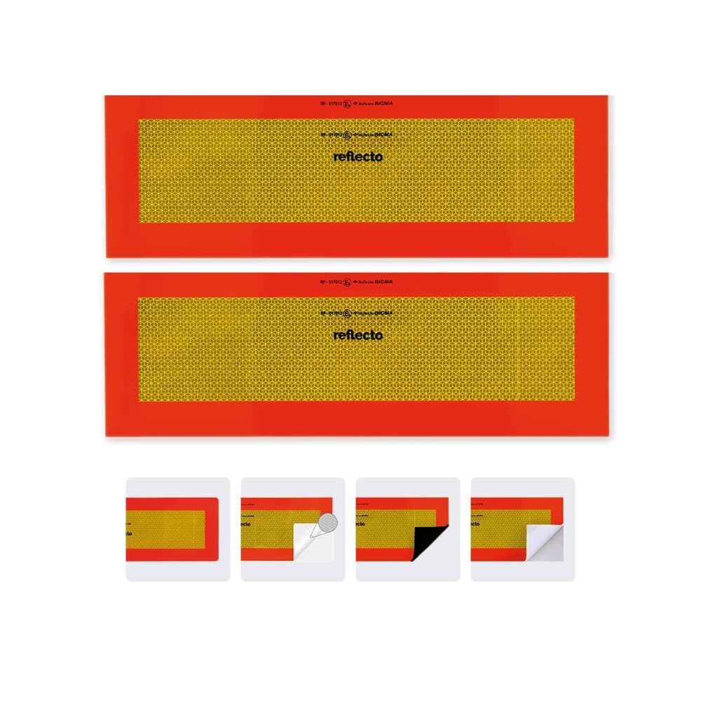 Set aus zwei reflecto Halbmarkierungen rot-gelb in selbstklebend, magnetisch oder auf Aluverbund