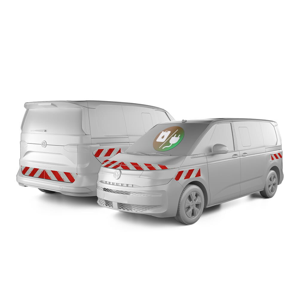 VW T7 Multivan eHYBRID in Front- und Heckansicht mit Komplettwarnmarkierungssatz, Baujahr 2021