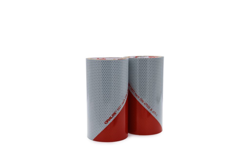 Zwei kleine Rollen, Orafol 5821, je 4 m × 175 mm, rot-weiß reflektierend
