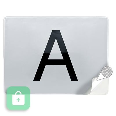 Ein selbsthaftender A-Schild Aufkleber mit sich lösender Ecke unten rechts und Detailillustration von Mini-Saugnäpfen.