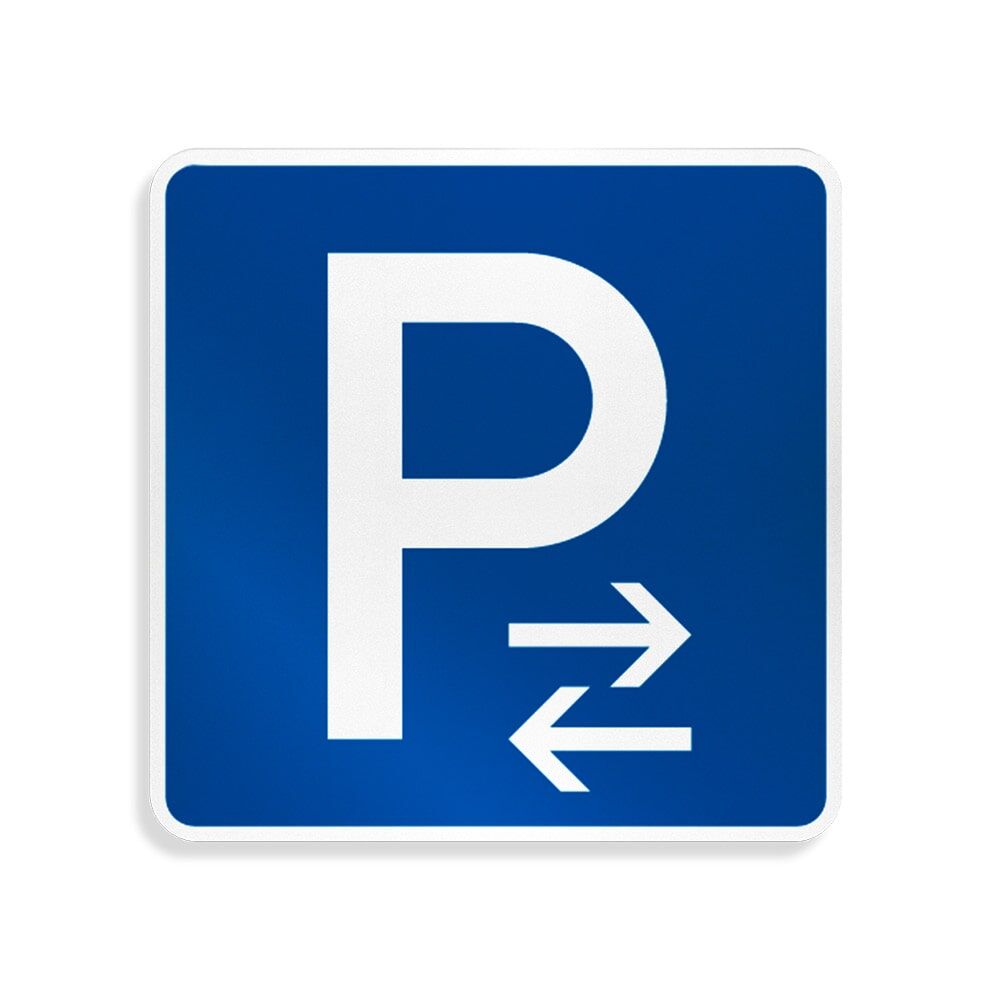 Verkehrsschild Parkplatz „P“ mit Pfeilen rechts/links (blau-weiß)
