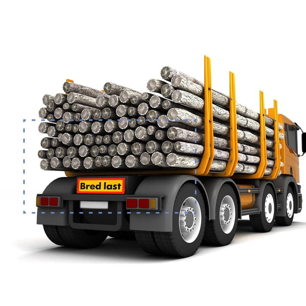 Illustration: Lkw mit überstehender Holzladung, markiert durch „Bred last“-Tafel