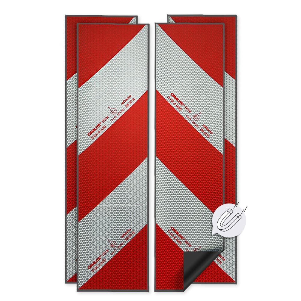 4-teiliges Set Reflecto 5921M Warnmarkierung mit umgeklappter Ecke, zeigt magnetische Rückseite