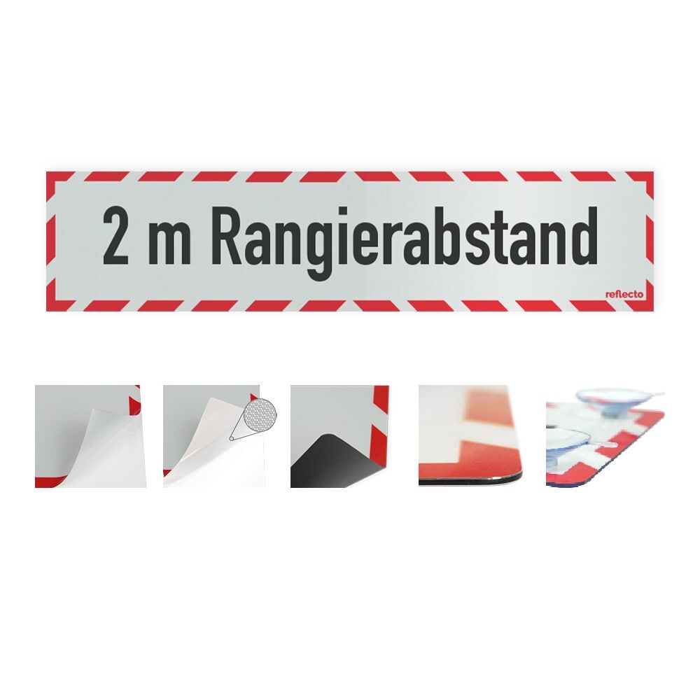 Hinweisschild „2 m Rangierabstand“ mit rot-weißem Rahmen, Variantenübersicht