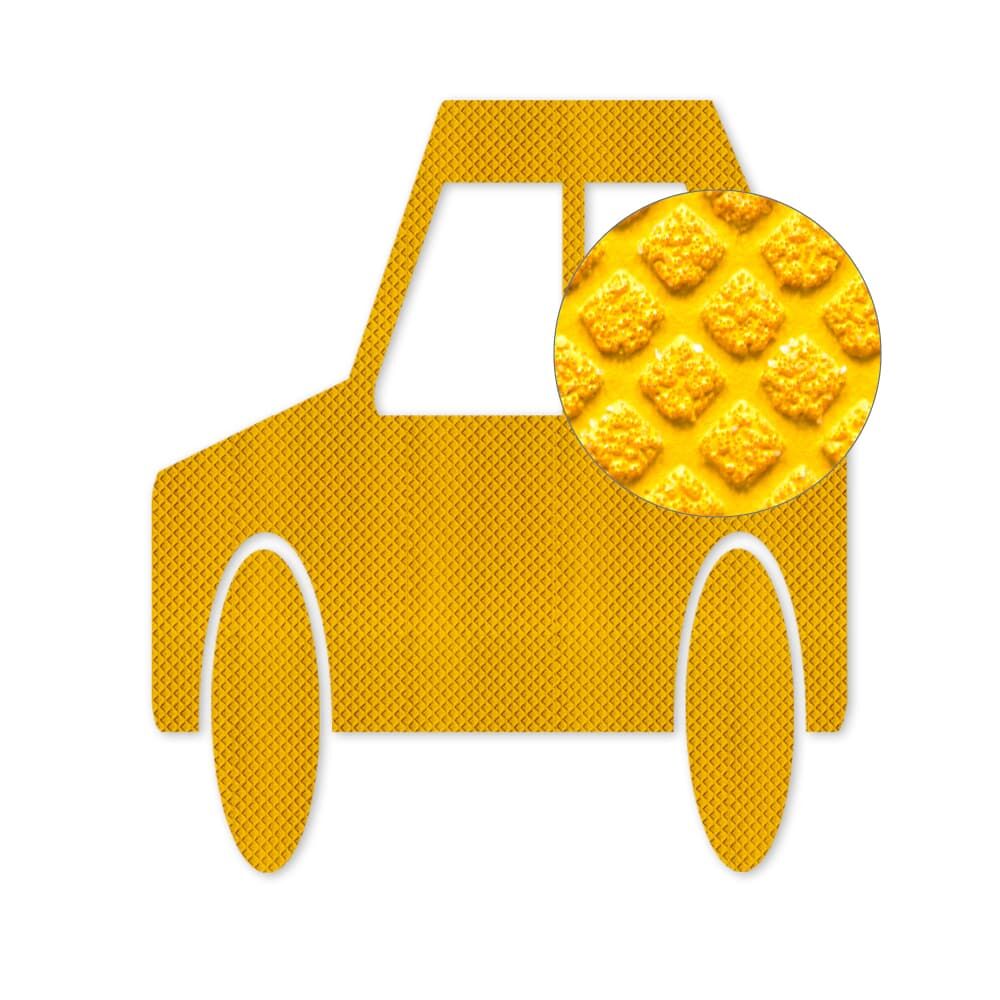 Gelbes Pkw-Piktogramm aus 3M Stamark mit vergrößerter Darstellung der Oberflächentextur