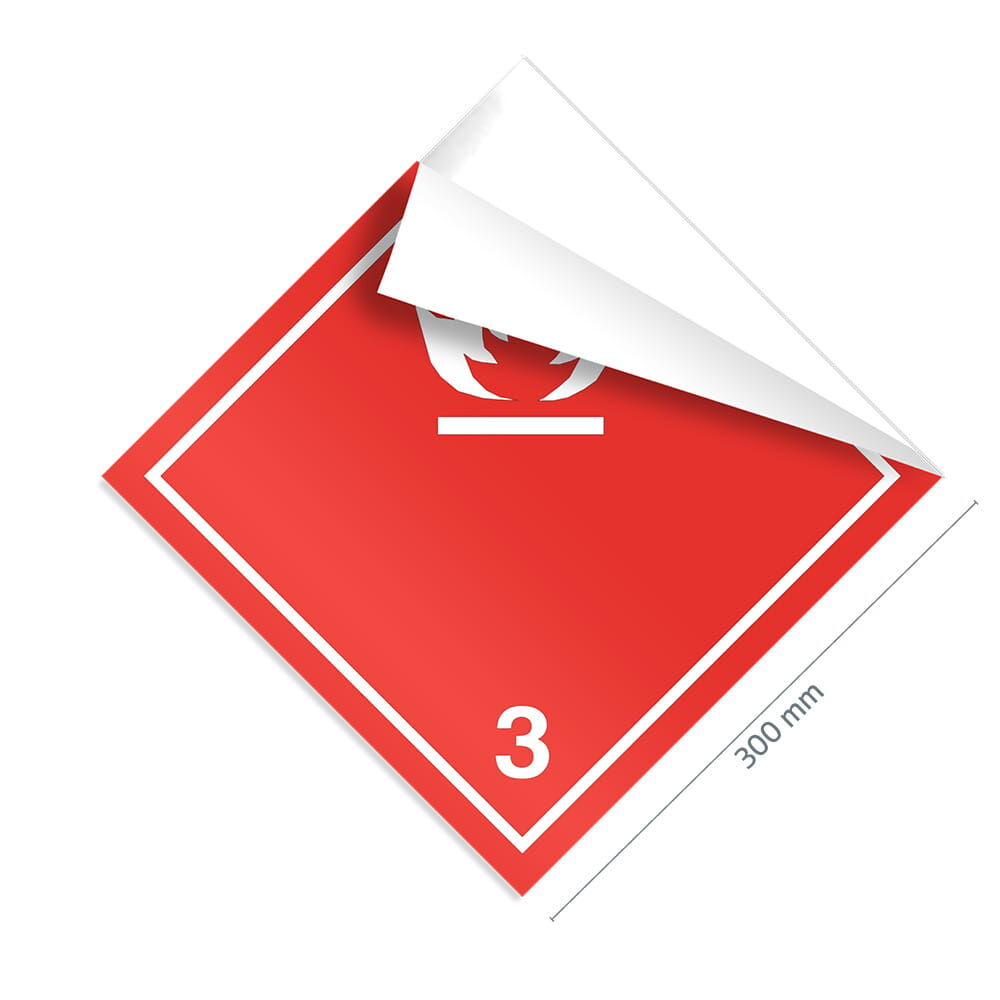 Gefahrgutzettel Klasse 3, 300×300 mm, Ecke gelöst zeigt flexible Klebefolie