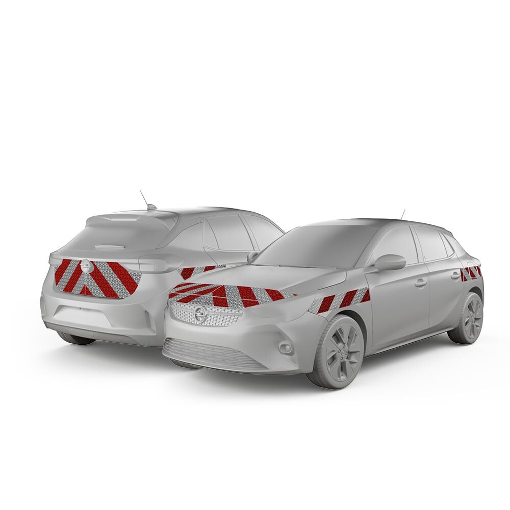 Opel Corsa-F in Front- und Heckansicht mit Komplettwarnmarkierungssatz, Baujahr 2019