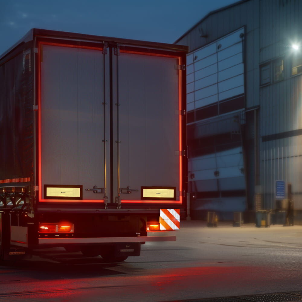 Rückansicht eines Lkw bei Nacht mit reflektierender rot-weißer Warntafel