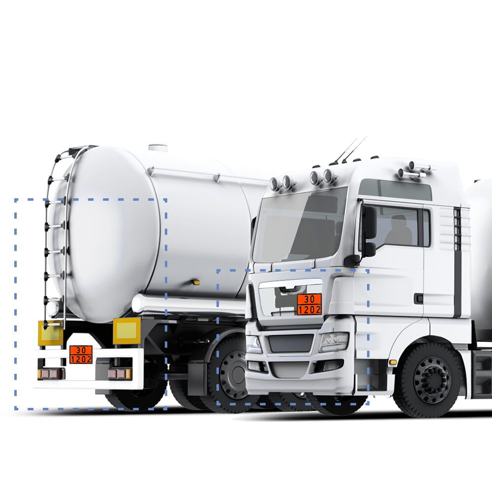 Illustration: Positionierung einer ADR Gefahrguttafel 30/1202 an LKW-Sattelzug (Front + Heck)