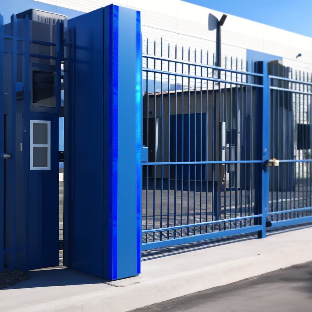 Blaues 3M Reflexband 4090 markiert vertikal einen Industriegate-Pfosten.
