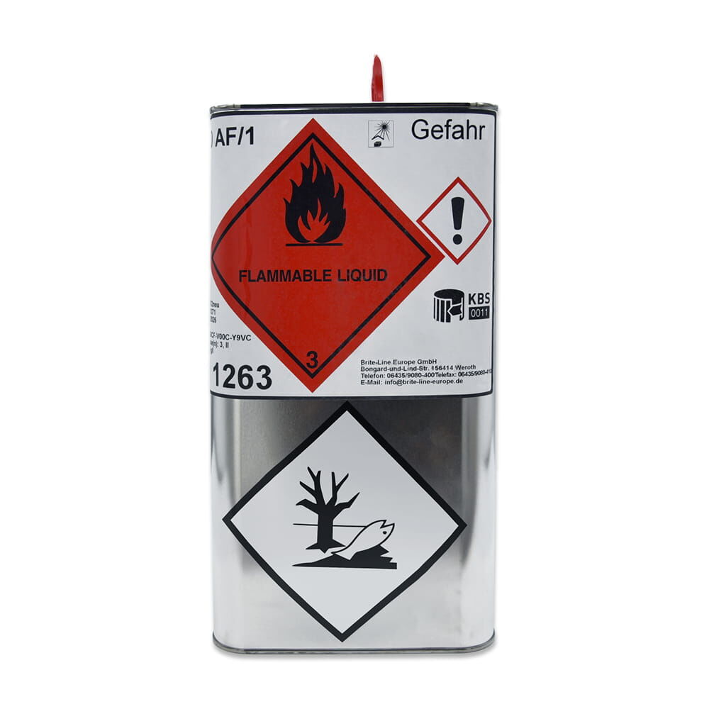 Briteline Primer P20 5 l, Vorderansicht mit Flamme-, Ausrufe- & Umwelt-Gefahrensymbolen