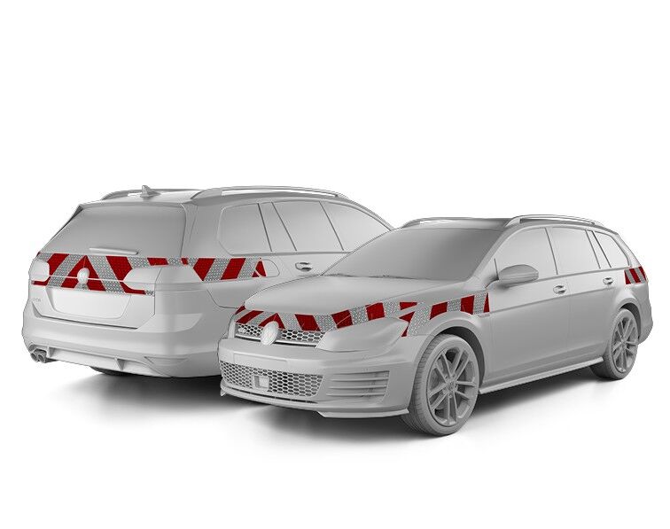 VW Golf VII 5G Variant in Front- und Heckansicht mit Komplettwarnmarkierungssatz, Baujahr 2017
