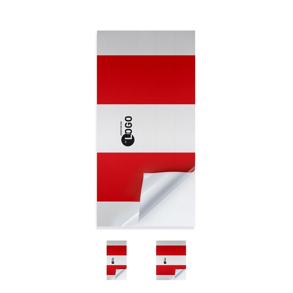 Rot-weißer Schaftrohraufkleber mit individuellem Logo, Ecke zeigt abziehbare Foli, versch. Größen