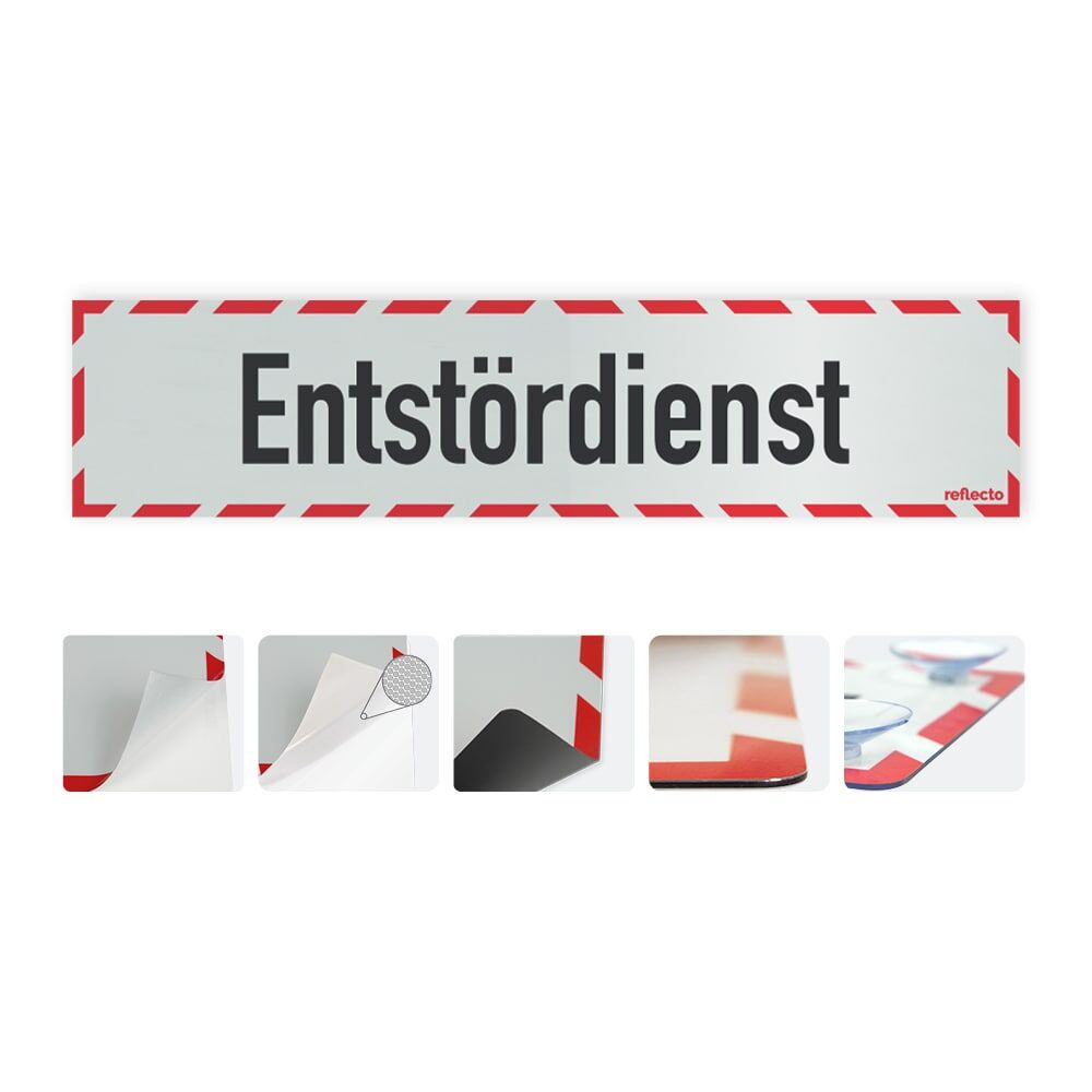 Hinweisschild „Entstördienst“ mit rot-weißem Rahmen, Variantenübersicht