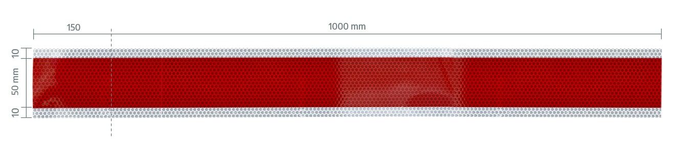 Eine technische Zeichnung einer rot-weißen Reflexband mit Maßangaben: 1000mm Gesamtlänge, 50mm rote Mittelstreifen-Höhe und jeweils 10mm weiße Randstreifen.