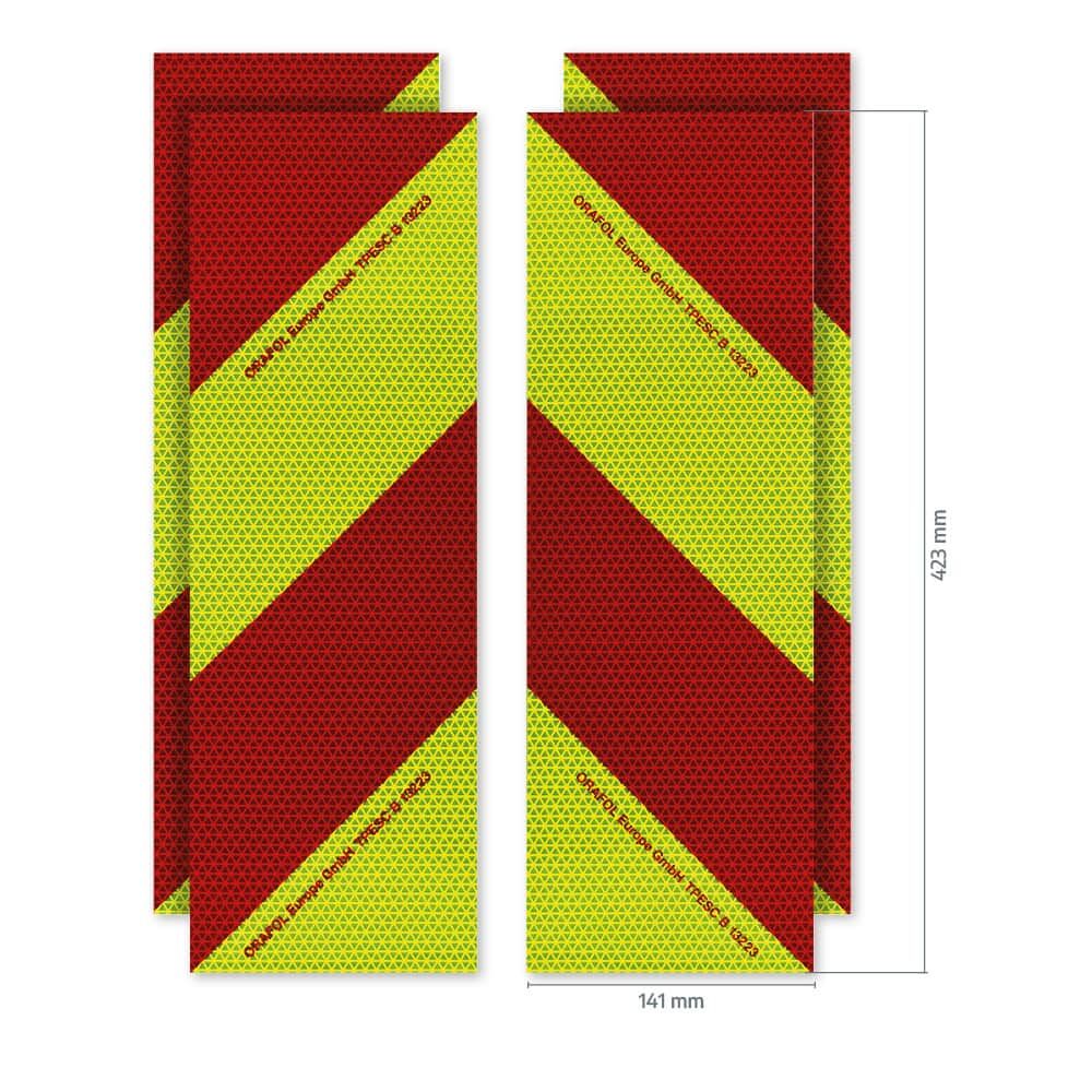 Orafol VC 612 Warnmarkierung 423 × 141 mm, Set aus vier Zuschnitten mit Maßangaben