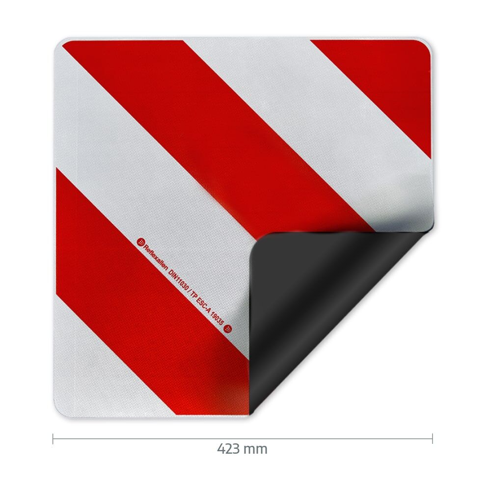 Warntafel Überlänge/Überbreite mit umgeklappter Ecke – Magnetrückseite sichtbar, 423 mm